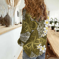 Gold Polynesian Tribal Frangipani Tropical Vibe Women Casual Shirt
