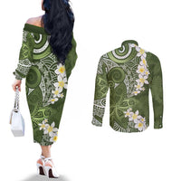 Green Polynesian Tribal Frangipani Tropical Vibe Couples Matching Off The Shoulder Long Sleeve Dress and Long Sleeve Button Shirt LT14 - Polynesian Pride