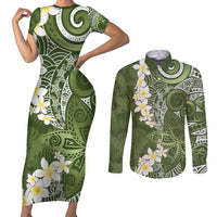 Green Polynesian Tribal Frangipani Tropical Vibe Couples Matching Short Sleeve Bodycon Dress and Long Sleeve Button Shirt