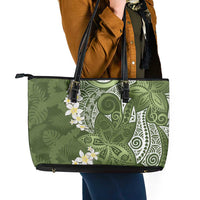 Green Polynesian Tribal Frangipani Tropical Vibe Leather Tote Bag