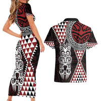 Red Aotearoa Niho Taniwha Couples Matching Short Sleeve Bodycon Dress and Hawaiian Shirt Maori Mythology Tooth - Taniko Motifs LT14 - Polynesian Pride