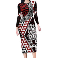 Red Aotearoa Niho Taniwha Family Matching Long Sleeve Bodycon Dress and Hawaiian Shirt Maori Mythology Tooth - Taniko Motifs LT14 Mom's Dress Red - Polynesian Pride