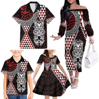 Red Aotearoa Niho Taniwha Family Matching Off The Shoulder Long Sleeve Dress and Hawaiian Shirt Maori Mythology Tooth - Taniko Motifs LT14 - Polynesian Pride