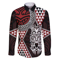 Red Aotearoa Niho Taniwha Family Matching Off The Shoulder Long Sleeve Dress and Hawaiian Shirt Maori Mythology Tooth - Taniko Motifs LT14 Dad's Shirt - Long Sleeve Red - Polynesian Pride