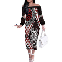 Red Aotearoa Niho Taniwha Family Matching Off The Shoulder Long Sleeve Dress and Hawaiian Shirt Maori Mythology Tooth - Taniko Motifs LT14 Mom's Dress Red - Polynesian Pride