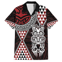 Red Aotearoa Niho Taniwha Family Matching Off Shoulder Maxi Dress and Hawaiian Shirt Maori Mythology Tooth - Taniko Motifs LT14 Dad's Shirt - Short Sleeve Red - Polynesian Pride