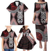 Red Aotearoa Niho Taniwha Family Matching Puletasi and Hawaiian Shirt Maori Mythology Tooth - Taniko Motifs LT14 - Polynesian Pride