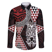 Red Aotearoa Niho Taniwha Family Matching Short Sleeve Bodycon Dress and Hawaiian Shirt Maori Mythology Tooth - Taniko Motifs LT14 Dad's Shirt - Long Sleeve Red - Polynesian Pride