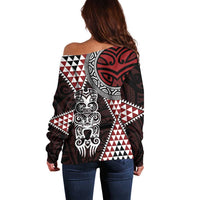 Red Aotearoa Niho Taniwha Off Shoulder Sweater Maori Mythology Tooth - Taniko Motifs LT14 - Polynesian Pride