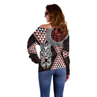 Red Aotearoa Niho Taniwha Off Shoulder Sweater Maori Mythology Tooth - Taniko Motifs LT14 - Polynesian Pride