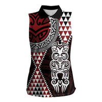 Red Aotearoa Niho Taniwha Women Sleeveless Polo Shirt Maori Mythology Tooth - Taniko Motifs