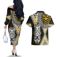 Yellow Aotearoa Niho Taniwha Couples Matching Off The Shoulder Long Sleeve Dress and Hawaiian Shirt Maori Mythology Tooth - Taniko Motifs LT14 - Polynesian Pride