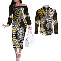 Yellow Aotearoa Niho Taniwha Couples Matching Off The Shoulder Long Sleeve Dress and Long Sleeve Button Shirt Maori Mythology Tooth - Taniko Motifs LT14 Yellow - Polynesian Pride