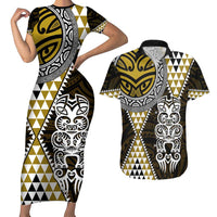 Yellow Aotearoa Niho Taniwha Couples Matching Short Sleeve Bodycon Dress and Hawaiian Shirt Maori Mythology Tooth - Taniko Motifs LT14 Yellow - Polynesian Pride