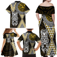 Yellow Aotearoa Niho Taniwha Family Matching Off Shoulder Maxi Dress and Hawaiian Shirt Maori Mythology Tooth - Taniko Motifs LT14 - Polynesian Pride