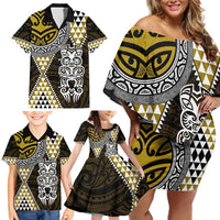 Yellow Aotearoa Niho Taniwha Family Matching Off Shoulder Short Dress and Hawaiian Shirt Maori Mythology Tooth - Taniko Motifs LT14 - Polynesian Pride