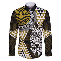 Yellow Aotearoa Niho Taniwha Family Matching Puletasi and Hawaiian Shirt Maori Mythology Tooth - Taniko Motifs LT14 Dad's Shirt - Long Sleeve Yellow - Polynesian Pride