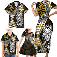 Yellow Aotearoa Niho Taniwha Family Matching Short Sleeve Bodycon Dress and Hawaiian Shirt Maori Mythology Tooth - Taniko Motifs LT14 - Polynesian Pride