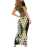 Yellow Aotearoa Niho Taniwha Family Matching Short Sleeve Bodycon Dress and Hawaiian Shirt Maori Mythology Tooth - Taniko Motifs LT14 - Polynesian Pride