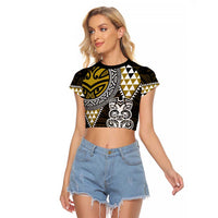 Yellow Aotearoa Niho Taniwha Raglan Cropped T Shirt Maori Mythology Tooth - Taniko Motifs