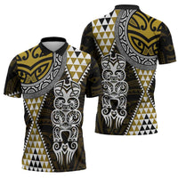 Yellow Aotearoa Niho Taniwha Zipper Polo Shirt Maori Mythology Tooth - Taniko Motifs LT14 - Polynesian Pride