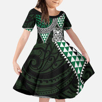 Green Aotearoa Niho Taniwha Family Matching Mermaid Dress and Hawaiian Shirt Maori Mythology Tooth - Taniko Motifs LT14 Daughter's Dress Green - Polynesian Pride