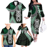 Green Aotearoa Niho Taniwha Family Matching Off The Shoulder Long Sleeve Dress and Hawaiian Shirt Maori Mythology Tooth - Taniko Motifs LT14 - Polynesian Pride