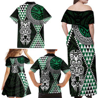 Green Aotearoa Niho Taniwha Family Matching Off Shoulder Maxi Dress and Hawaiian Shirt Maori Mythology Tooth - Taniko Motifs LT14 - Polynesian Pride