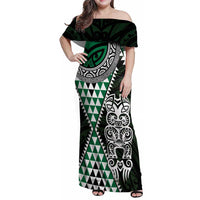 Green Aotearoa Niho Taniwha Family Matching Off Shoulder Maxi Dress and Hawaiian Shirt Maori Mythology Tooth - Taniko Motifs LT14 Mom's Dress Green - Polynesian Pride