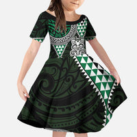 Green Aotearoa Niho Taniwha Family Matching Puletasi and Hawaiian Shirt Maori Mythology Tooth - Taniko Motifs LT14 Daughter's Dress Green - Polynesian Pride