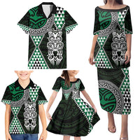 Green Aotearoa Niho Taniwha Family Matching Puletasi and Hawaiian Shirt Maori Mythology Tooth - Taniko Motifs LT14 - Polynesian Pride