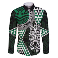 Green Aotearoa Niho Taniwha Family Matching Puletasi and Hawaiian Shirt Maori Mythology Tooth - Taniko Motifs LT14 Dad's Shirt - Long Sleeve Green - Polynesian Pride
