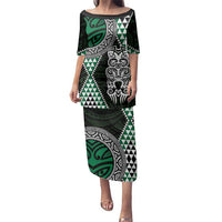 Green Aotearoa Niho Taniwha Family Matching Puletasi and Hawaiian Shirt Maori Mythology Tooth - Taniko Motifs LT14 Mom's Dress Green - Polynesian Pride