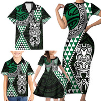 Green Aotearoa Niho Taniwha Family Matching Short Sleeve Bodycon Dress and Hawaiian Shirt Maori Mythology Tooth - Taniko Motifs LT14 - Polynesian Pride