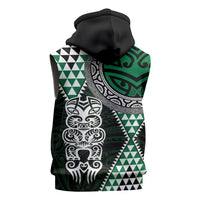 Green Aotearoa Niho Taniwha Sleeveless Hoodie Maori Mythology Tooth - Taniko Motifs - Polynesian Pride