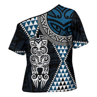 Blue Aotearoa Niho Taniwha Cross Shoulder Shirt Maori Mythology Tooth - Taniko Motifs - Polynesian Pride