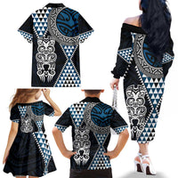 Blue Aotearoa Niho Taniwha Family Matching Off The Shoulder Long Sleeve Dress and Hawaiian Shirt Maori Mythology Tooth - Taniko Motifs LT14 - Polynesian Pride