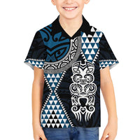 Blue Aotearoa Niho Taniwha Family Matching Off Shoulder Short Dress and Hawaiian Shirt Maori Mythology Tooth - Taniko Motifs LT14 Son's Shirt Blue - Polynesian Pride