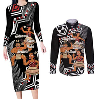 Aotearoa Kapa Haka Couples Matching Long Sleeve Bodycon Dress and Long Sleeve Button Shirt 2025 Festival - Traditional Maori Dance LT14 Black - Polynesian Pride