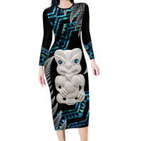 Aotearoa Taniko Paua Shell With Hei Tiki Family Matching Long Sleeve Bodycon Dress and Hawaiian Shirt LT14 Mom's Dress Black - Polynesian Pride