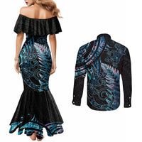 New Zealand Lizard Couples Matching Mermaid Dress and Long Sleeve Button Shirt Silver Fern Aotearoa Maori With Paua Shell LT14 - Polynesian Pride