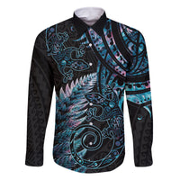 New Zealand Lizard Family Matching Tank Maxi Dress and Hawaiian Shirt Silver Fern Aotearoa Maori With Paua Shell LT14 Dad's Shirt - Long Sleeve Turquoise - Polynesian Pride