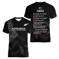 New Zealand Haka Rugby Women V Neck T Shirt 2024 Pacific Go Black Silver Fern LT14 - Polynesian Pride