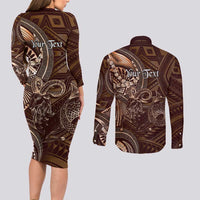 Personalised Polynesia Zodiac Capricorn Couples Matching Long Sleeve Bodycon Dress and Long Sleeve Button Shirt Galaxy Polynesian Pattern Chest Tattoo Style