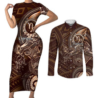 Personalised Polynesia Zodiac Capricorn Couples Matching Short Sleeve Bodycon Dress and Long Sleeve Button Shirt Galaxy Polynesian Pattern Chest Tattoo Style