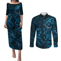 Personalised Polynesia Zodiac Pisces Couples Matching Puletasi and Long Sleeve Button Shirt Galaxy Polynesian Pattern Chest Tattoo Style