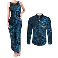 Personalised Polynesia Zodiac Pisces Couples Matching Tank Maxi Dress and Long Sleeve Button Shirt Galaxy Polynesian Pattern Chest Tattoo Style