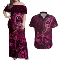 Personalised Polynesia Zodiac Libra Couples Matching Off Shoulder Maxi Dress and Hawaiian Shirt Galaxy Polynesian Pattern Chest Tattoo Style