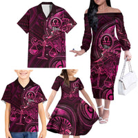 Personalised Polynesia Zodiac Libra Family Matching Off The Shoulder Long Sleeve Dress and Hawaiian Shirt Galaxy Polynesian Pattern Chest Tattoo Style