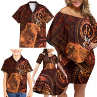 Personalised Polynesia Zodiac Leo Family Matching Off Shoulder Short Dress and Hawaiian Shirt Galaxy Polynesian Pattern Chest Tattoo Style